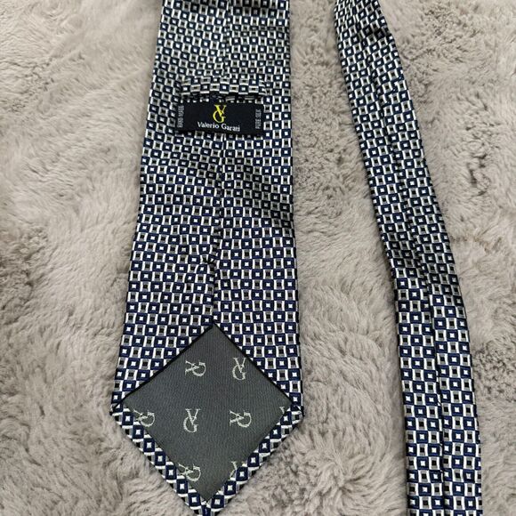 Valerio Garati 100% Silk Men Tie Made Italy Navy Silver Geometric Luxury Preppy - Picture 4 of 4